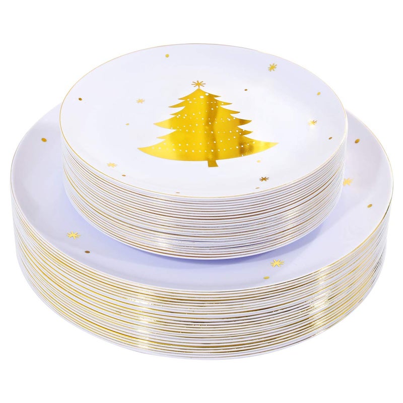 WDF 50Pieces Gold Plastic PlatesChristmas Tree Plastic PlatesHeavyweight White and Gold Disposable Plates for Christmas
